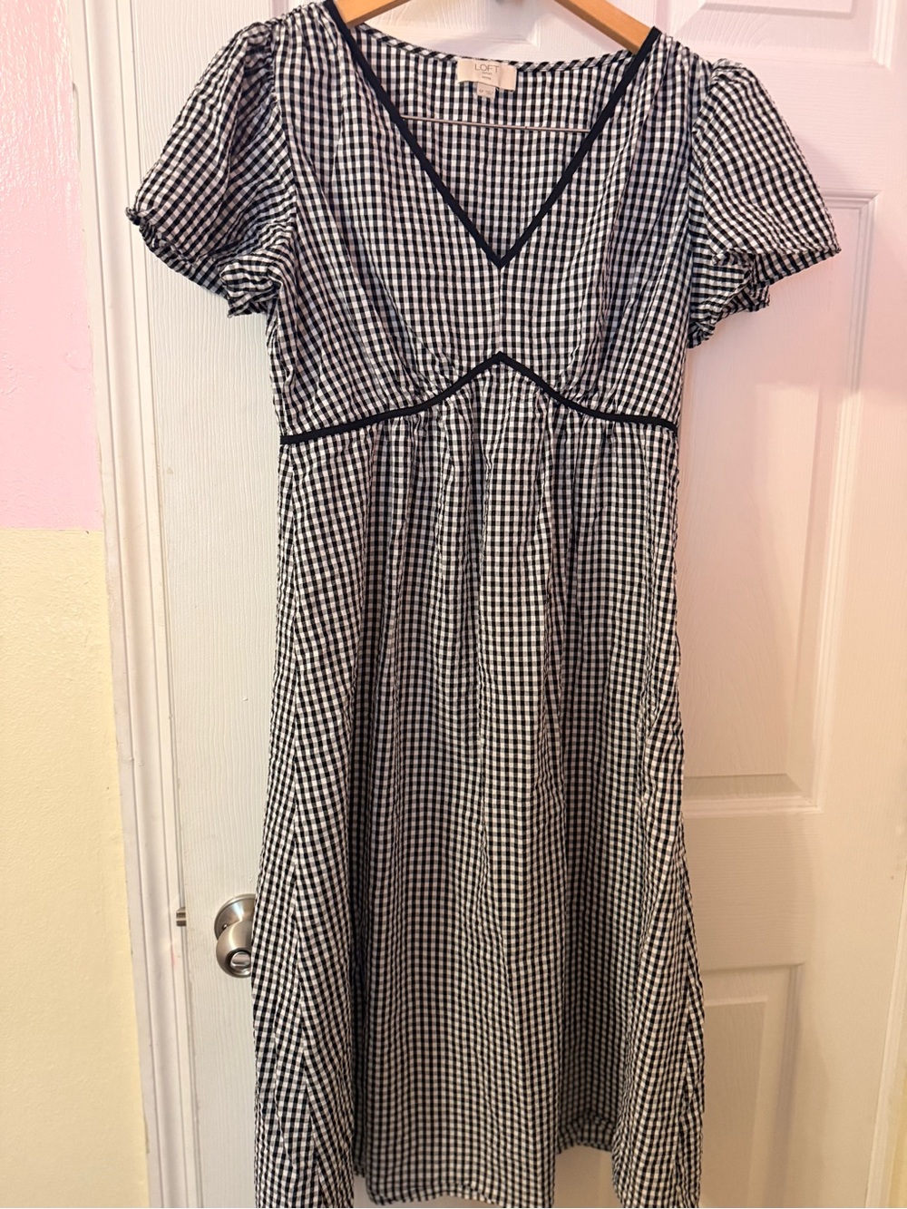 Loft Women Maxi Dress 6P Black Gingham V Neck Short Sleeve Summer Vacation City